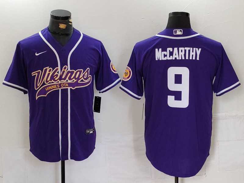 Mens Minnesota Vikings #9 JJ McCarthy Purple Cool Base Stitched Baseball Jersey